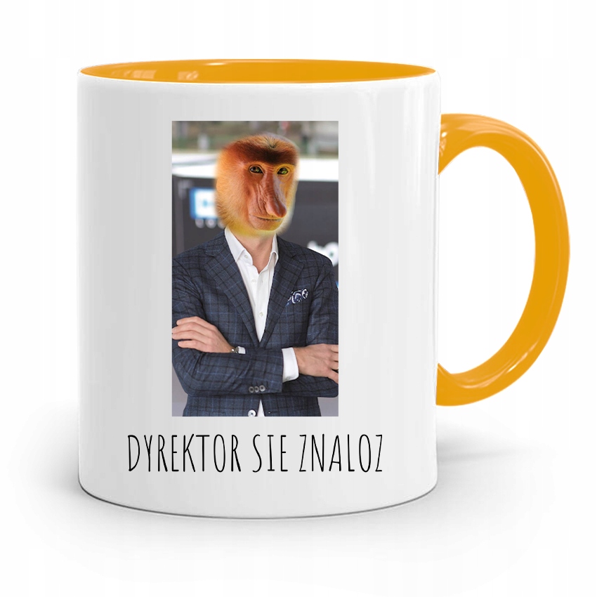 Kubek Żółty Nosacz Janusz Dyrektor Się Znaloz Z Nadrukiem Ze Zdjęciem