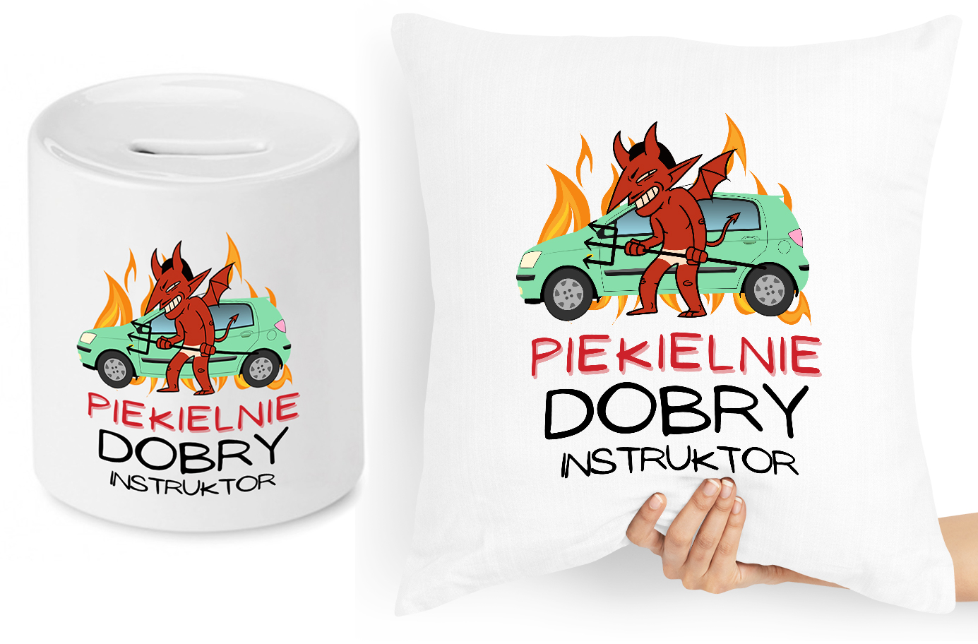 Dla Instruktora Zestaw Poduszka + Skarbonka Z Nadrukiem Ze Zdjęciem