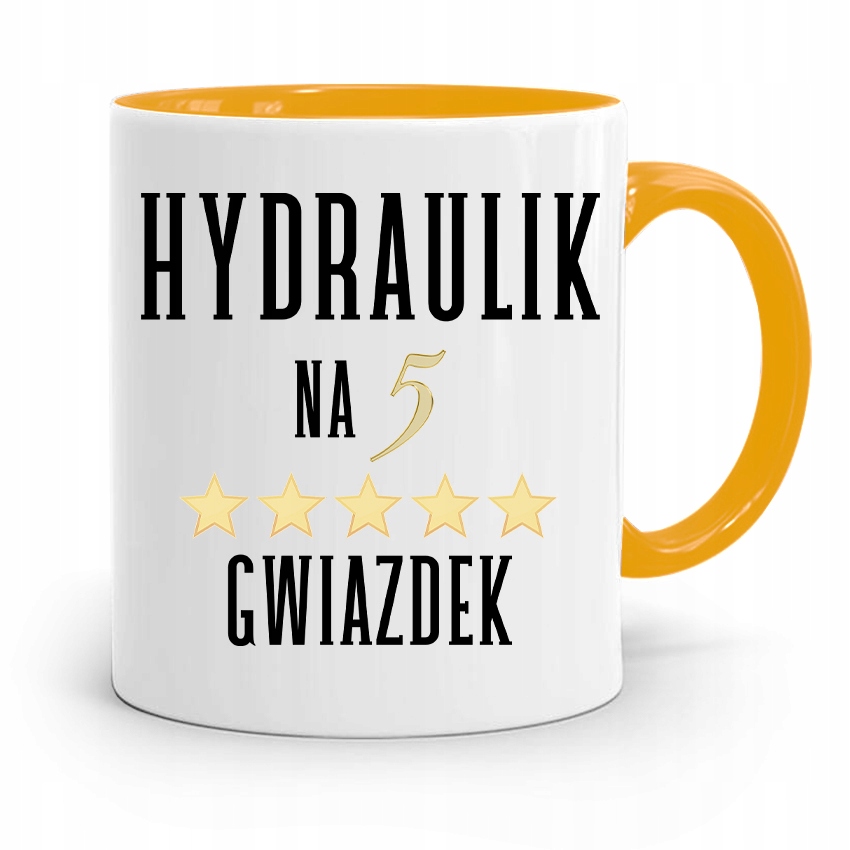 Kubek Żółty Prezent Dla Hydraulika Na 5 Gwiazdek Z Nadrukiem Ze Zdjęciem