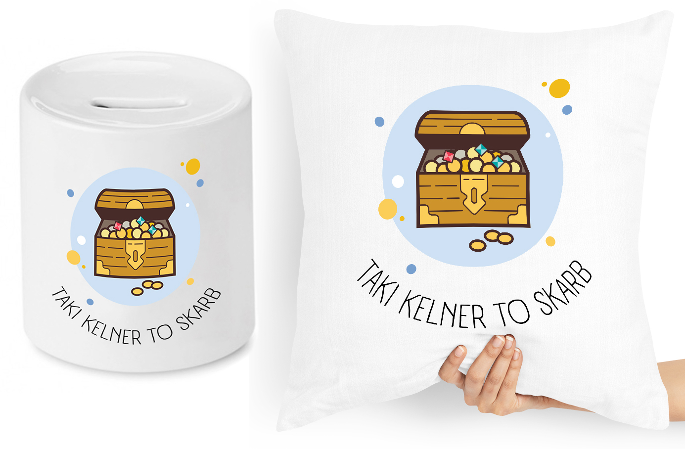 Dla Kelnera Zestaw Poduszka + Skarbonka Prezent Z Nadrukiem Ze Zdjęciem