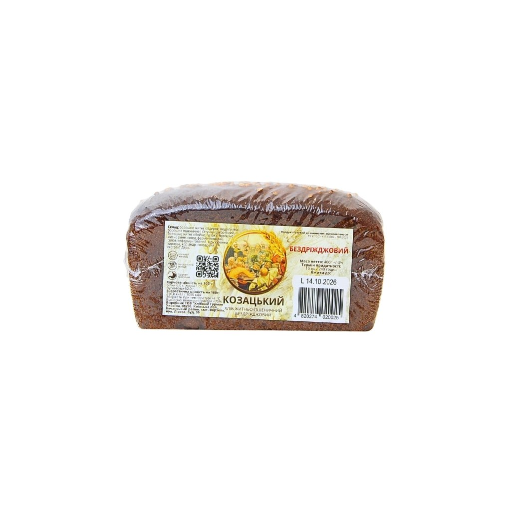 Chleb żytnio – pszenny bezdrożdżowy Kozacki”KHLIBNYY GURMAN” 400g