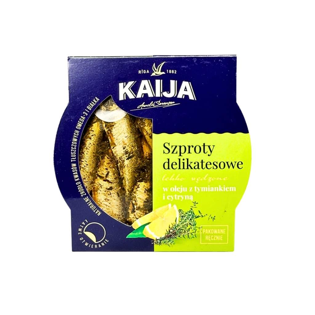 Szproty delikatesowe lekko wędzone z tymiankiem i cytryną “Kaija” 120g