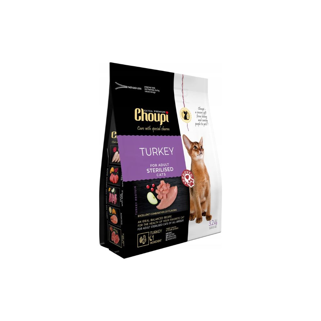 Sucha karma dla sterylizowanych kotów wszystkich ras Indyk “Choupi” 3,2kg