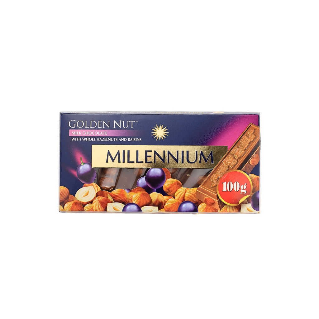 Czekolada mleczna z orzechami laskowymi i rodzynkami Golden Nut “Millennium” 100g