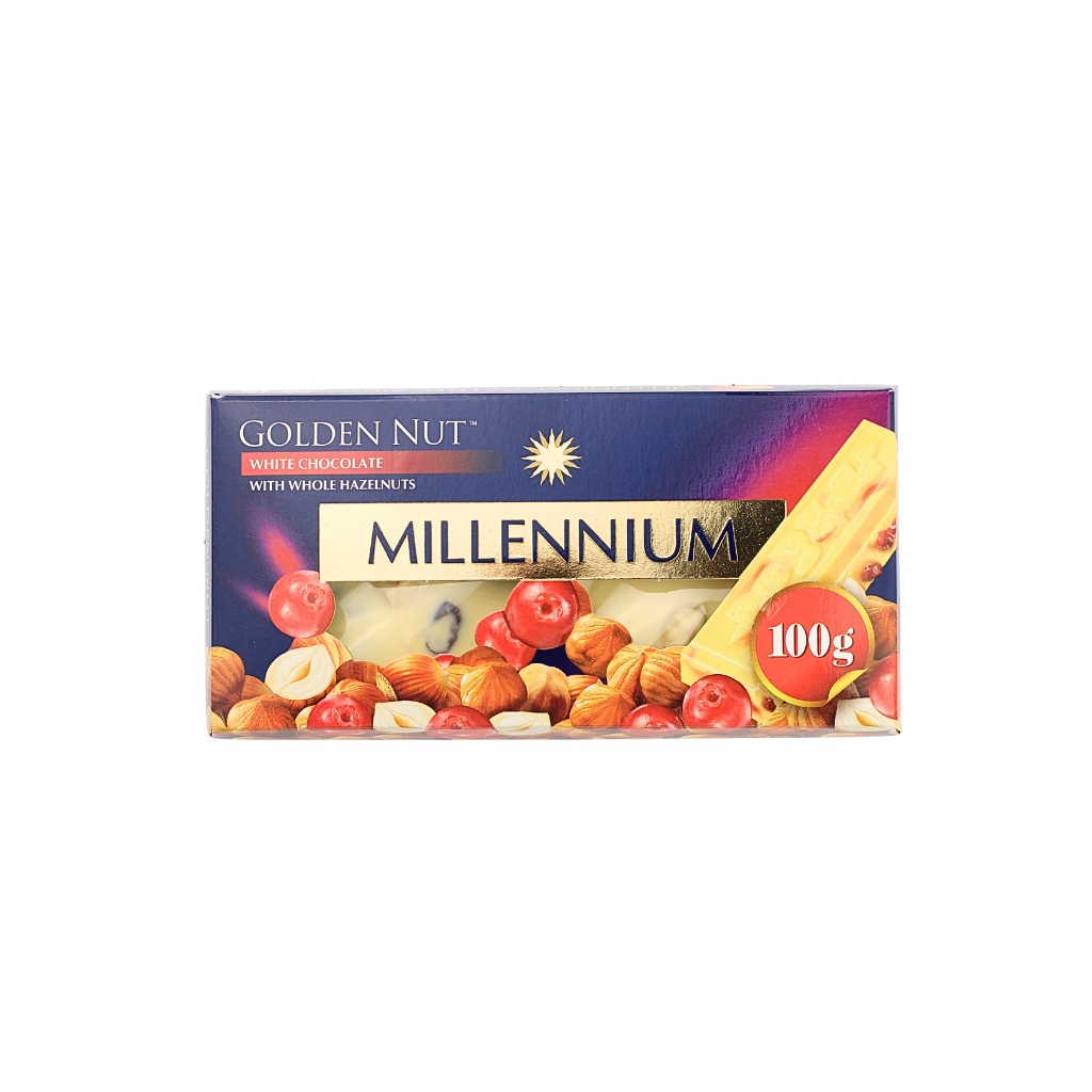 Czekolada biała z całymi orzechami i żurawiną Golden Nut “Millennium” 100g