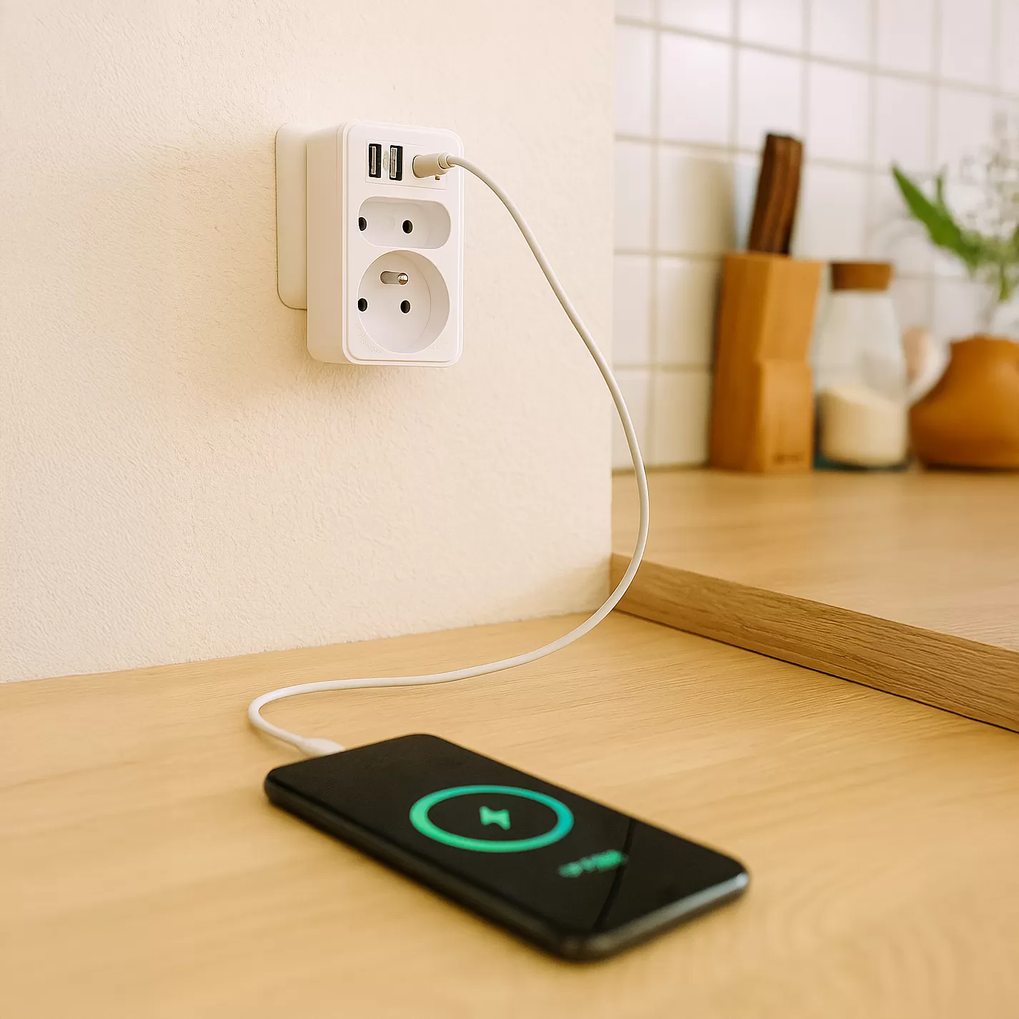 Porty ładujące USB-C i USB-A na froncie rozgałęźnika Vayox