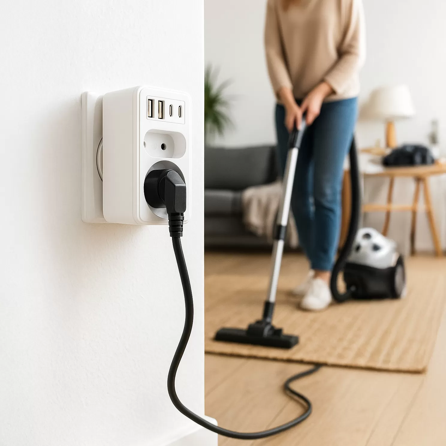 Biały rozgałęźnik elektryczny Vayox z portami USB w gniazdku ściennym