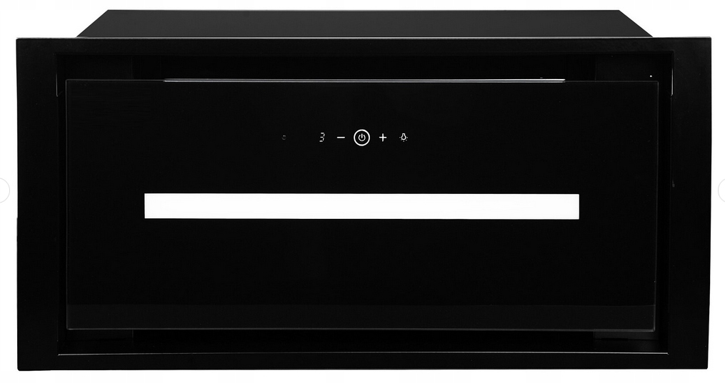 Czarny okap ze szklanym panelem w zabudowie