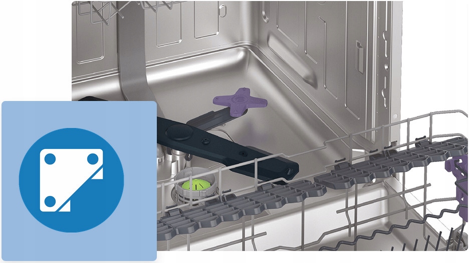 Wnętrze zmywarki – komora ze stali nierdzewnej z koszami i regulacją