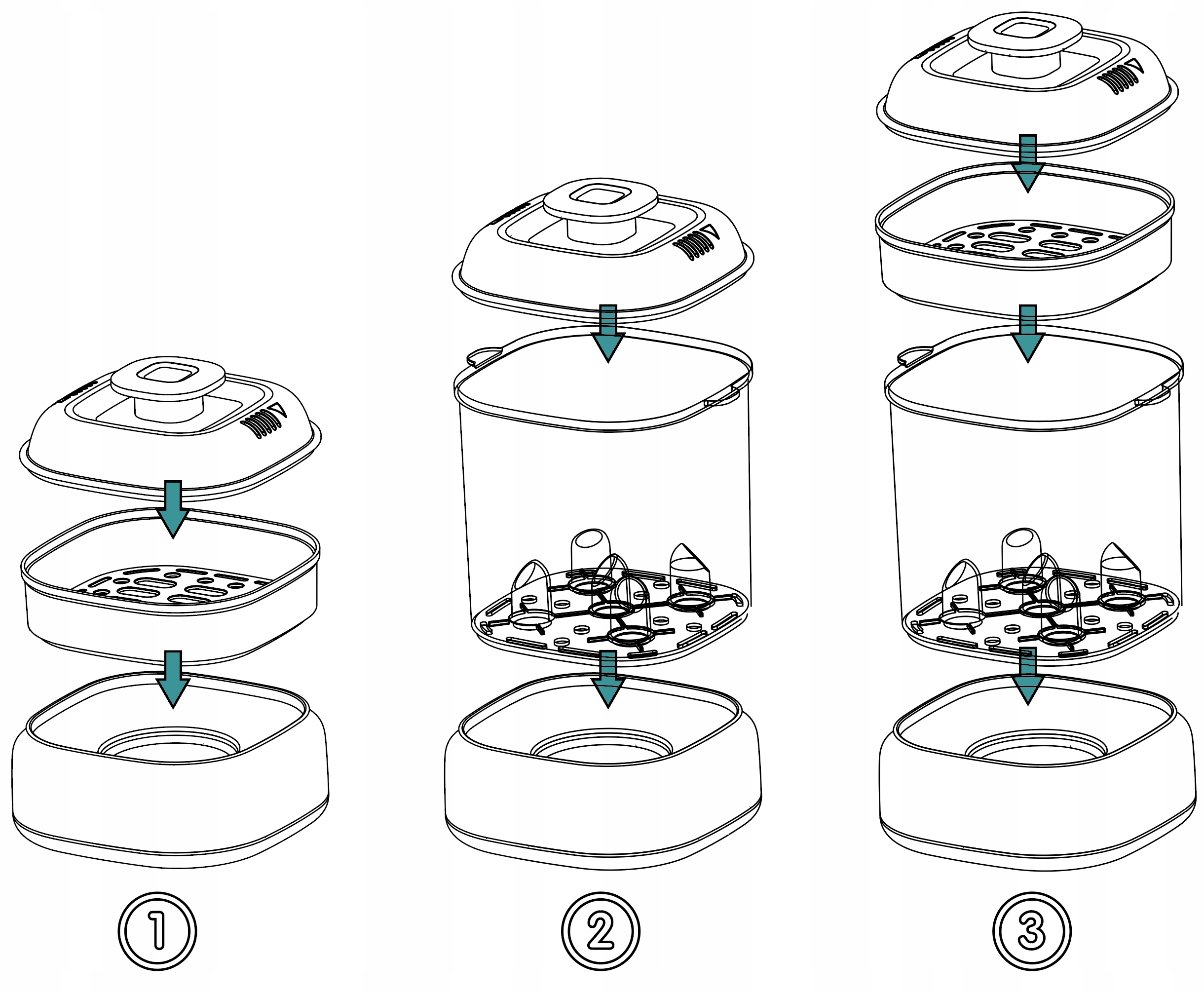 Schemat sterylizatora Warmener™ – górna półka akcesoria, dolna półka butelki, pojemnik na wodę