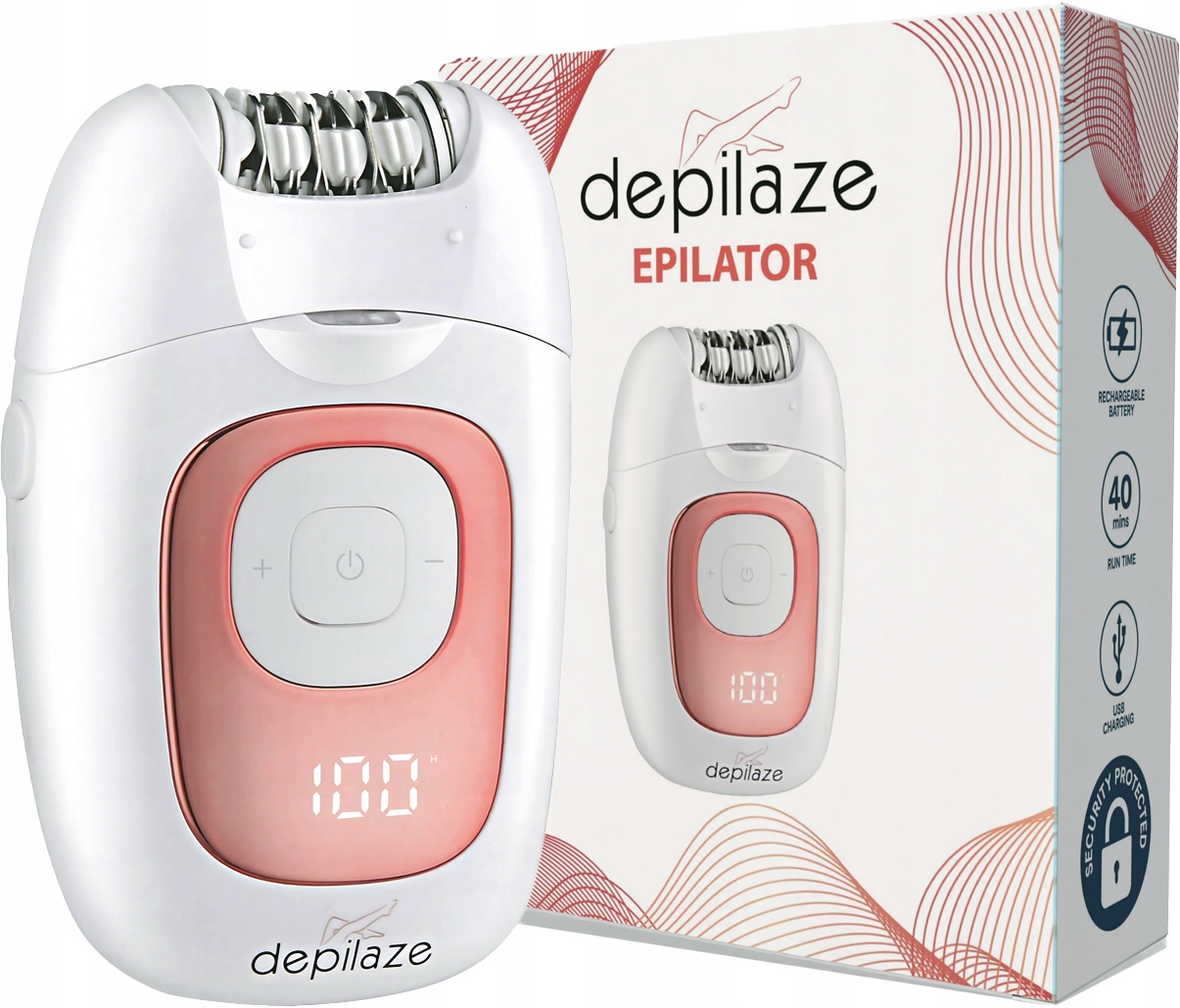 Bezprzewodowy depilator Depilaze™ – widok zestawu z opakowaniem, kablem USB i szczoteczką czyszczącą