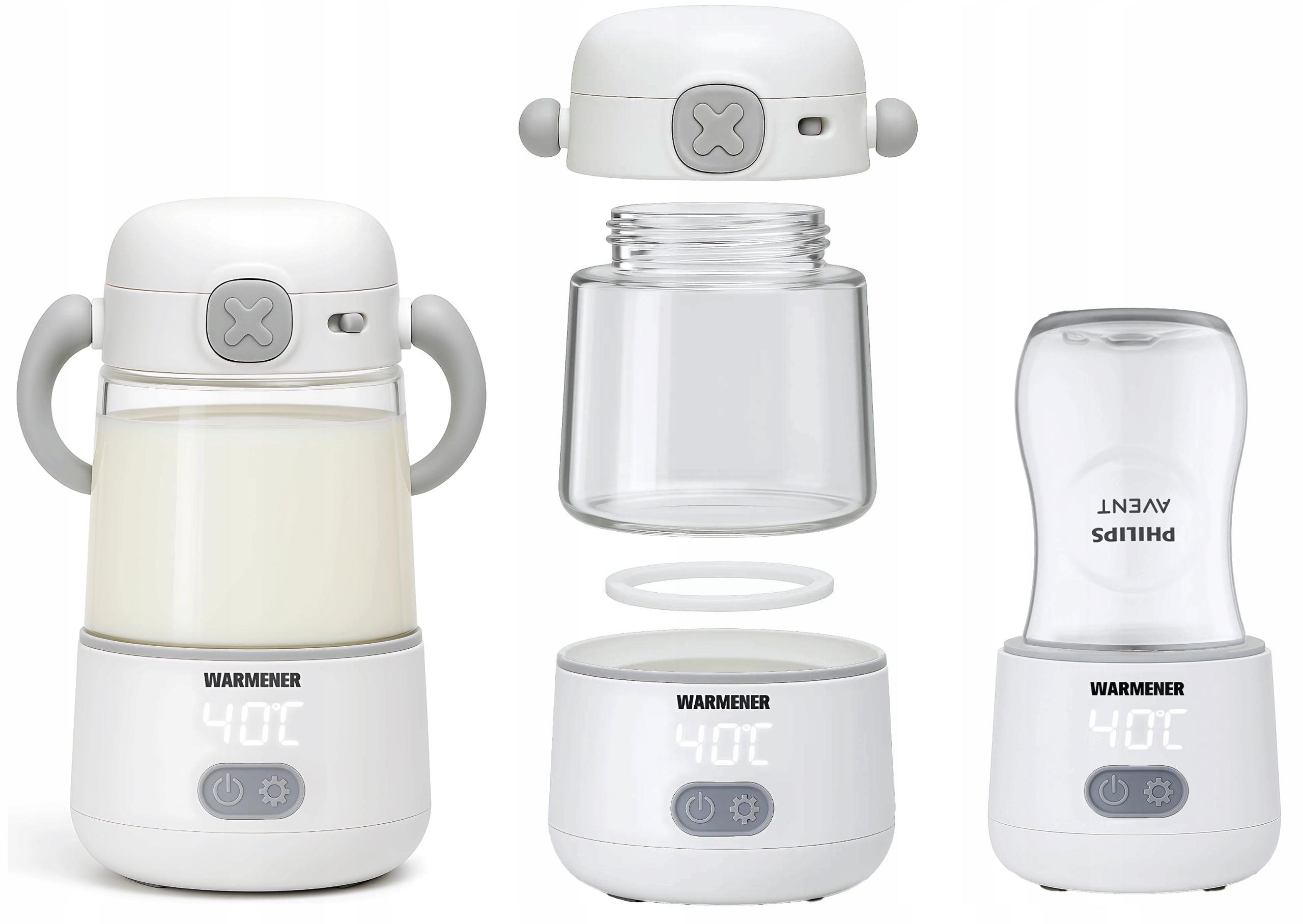 Kompletny zestaw Warmener™ 2w1 – podgrzewacz, butelka, adaptery, kabel USB-C