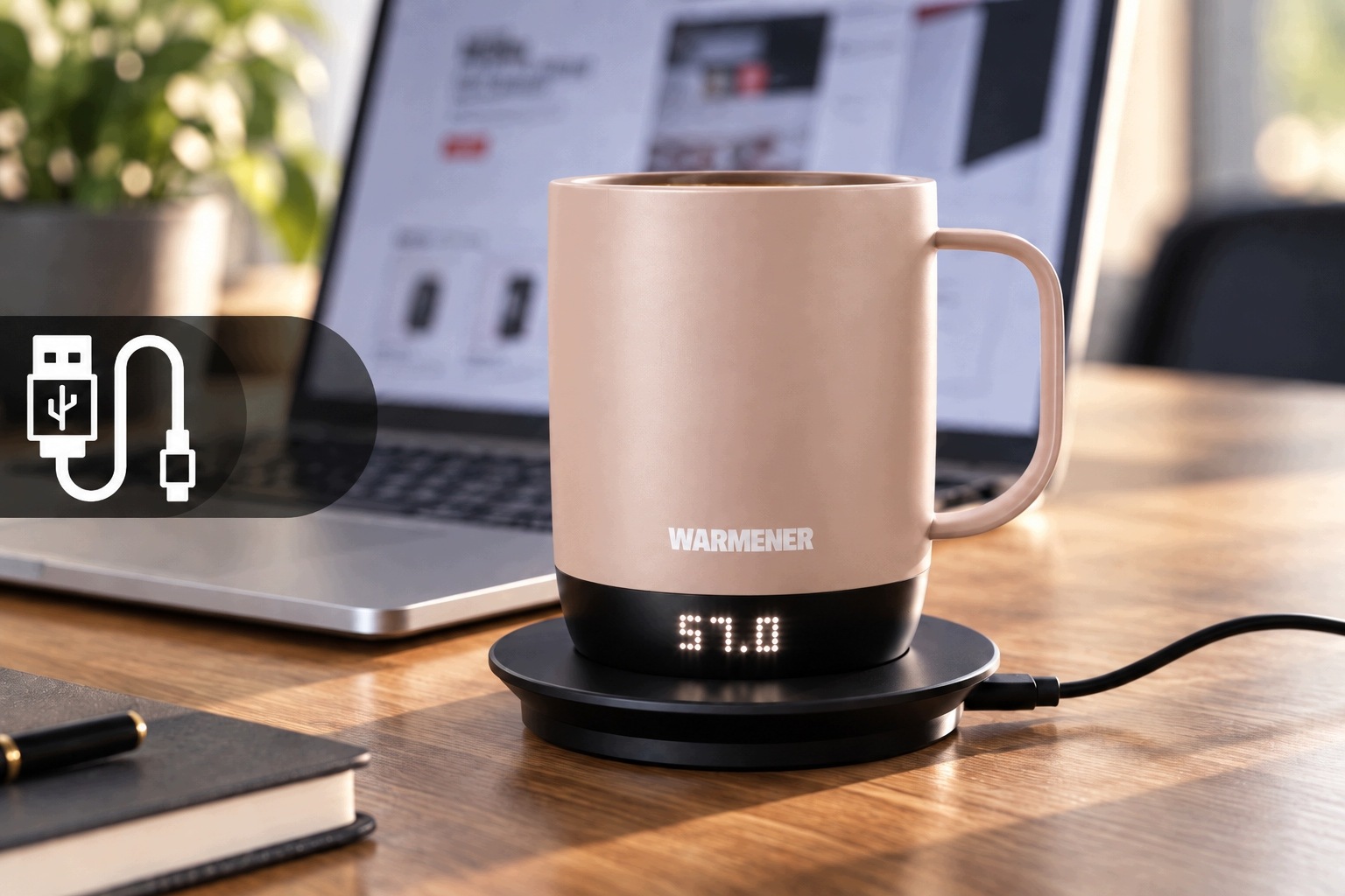 Beżowy kubek Warmener HeatMug 300 ml — prezentacja