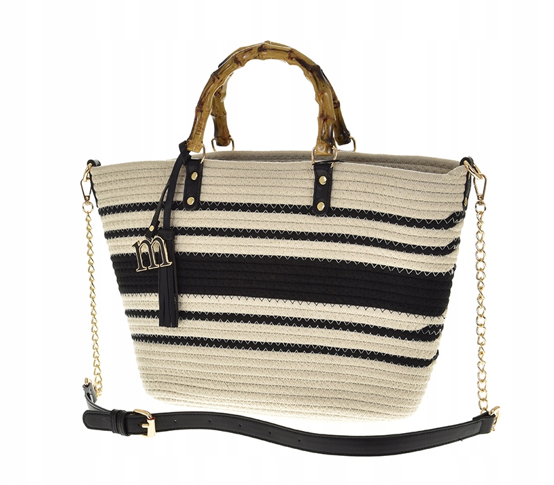 Monnari - duża torebka koszyk pleciony pasy BAG1140-020 czarny kremowy