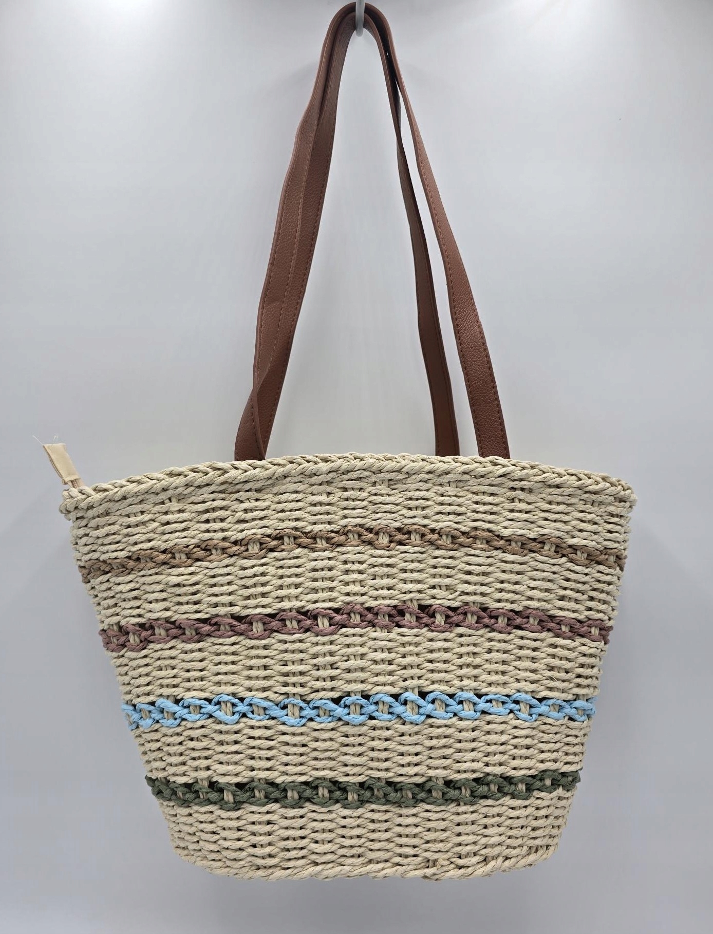 Maxfly - modna torebka koszyk pleciony kolorowe pasy beżowy L0103