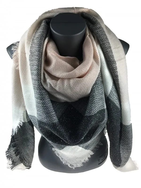 Jordan - miękka i ciepła chusta krata srebrna nitka puder szary AC-15 HIT