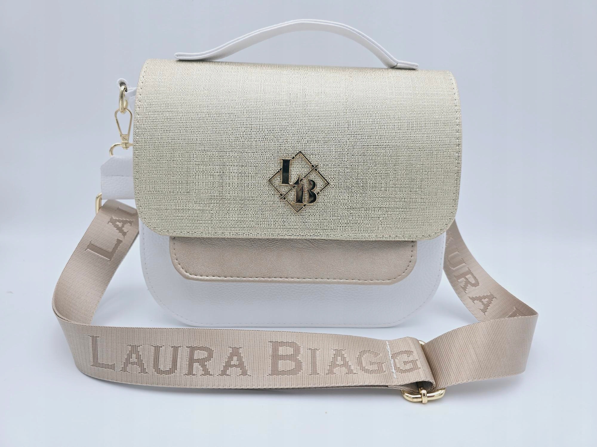 Laura Biaggi - torebka listonoszka kuferek biały 2 odcienie złotego P332