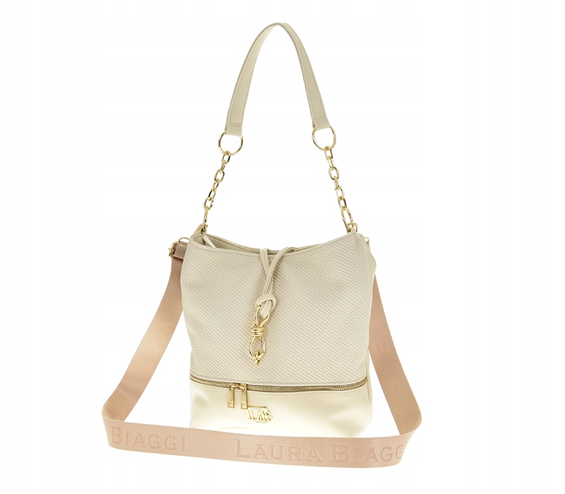 Laura Biaggi - torebka worek karabińczyk jasny beż struktura płótna A533