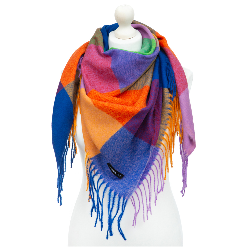 Versoli - miękka i ciepła chusta z frędzlami krata pomarańczowy 15# HIT