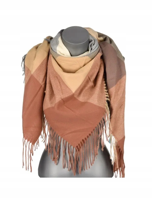 Versoli - miękka i ciepła chusta z frędzlami krata brążowy szary 7# HIT