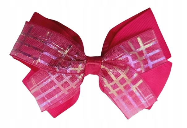 Spinka wsuwka duża kokarda podwójna kratka holo fuksja 12cm