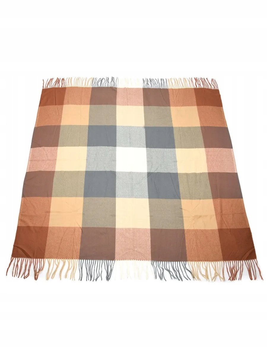 Versoli - miękka i ciepła chusta z frędzlami krata brążowy szary 7# HIT