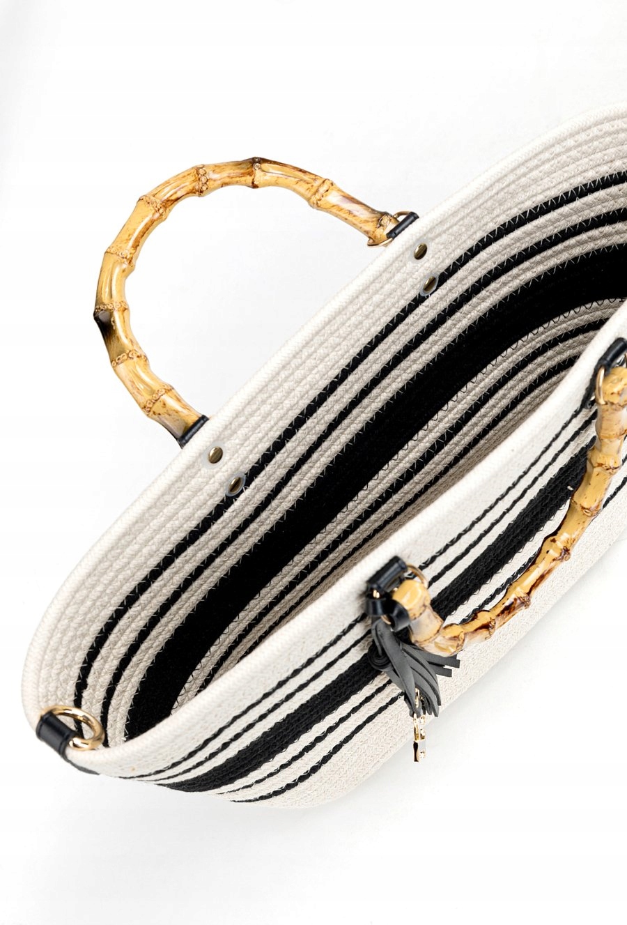 Monnari - duża torebka koszyk pleciony pasy BAG1140-020 czarny kremowy