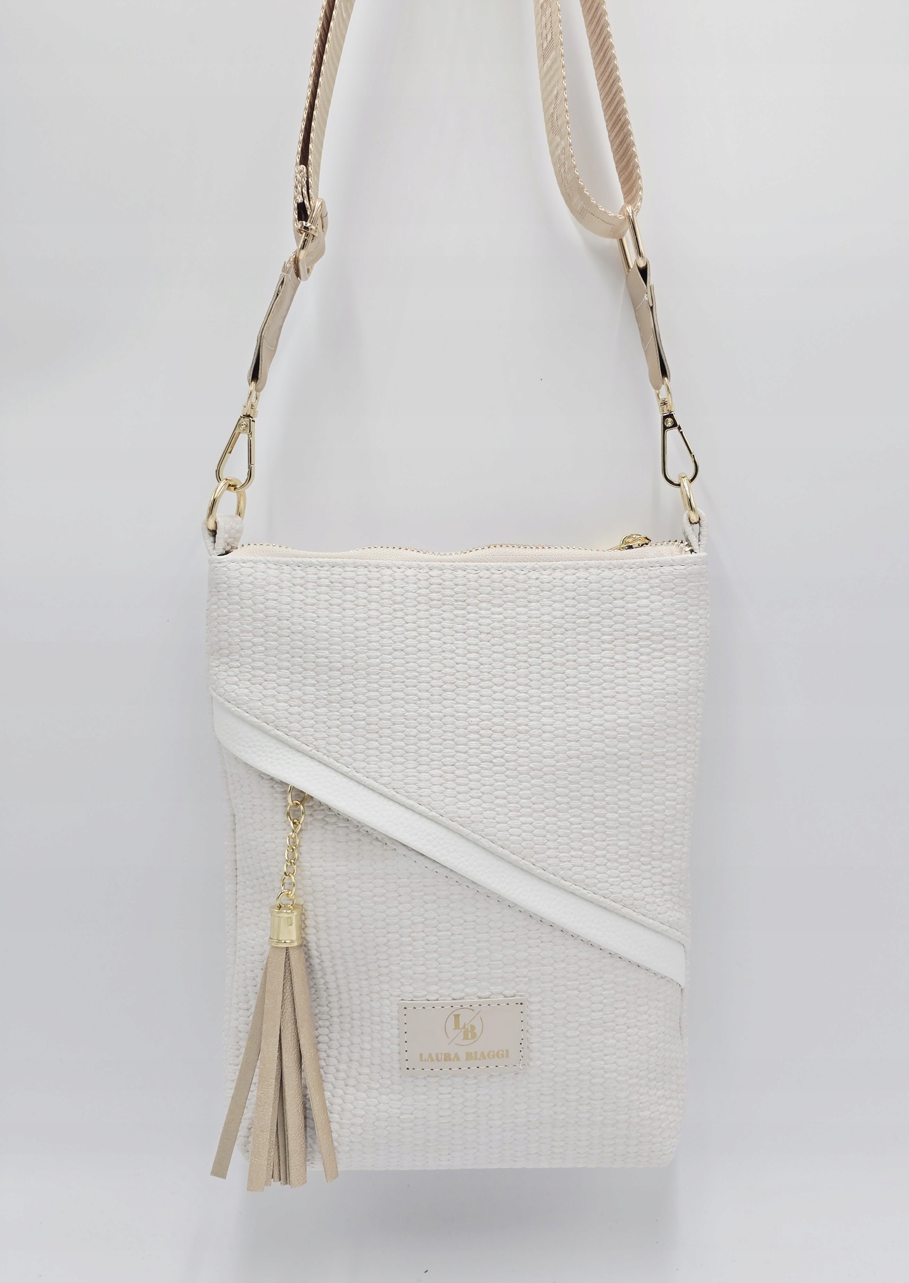Laura Biaggi torebka listonoszka złoty chwost biały struktura płótna 323012