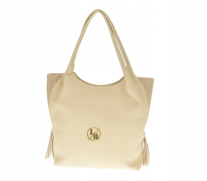 Laura Biaggi - torebka worek zamek chwosty beżowy struktura płótna S1785