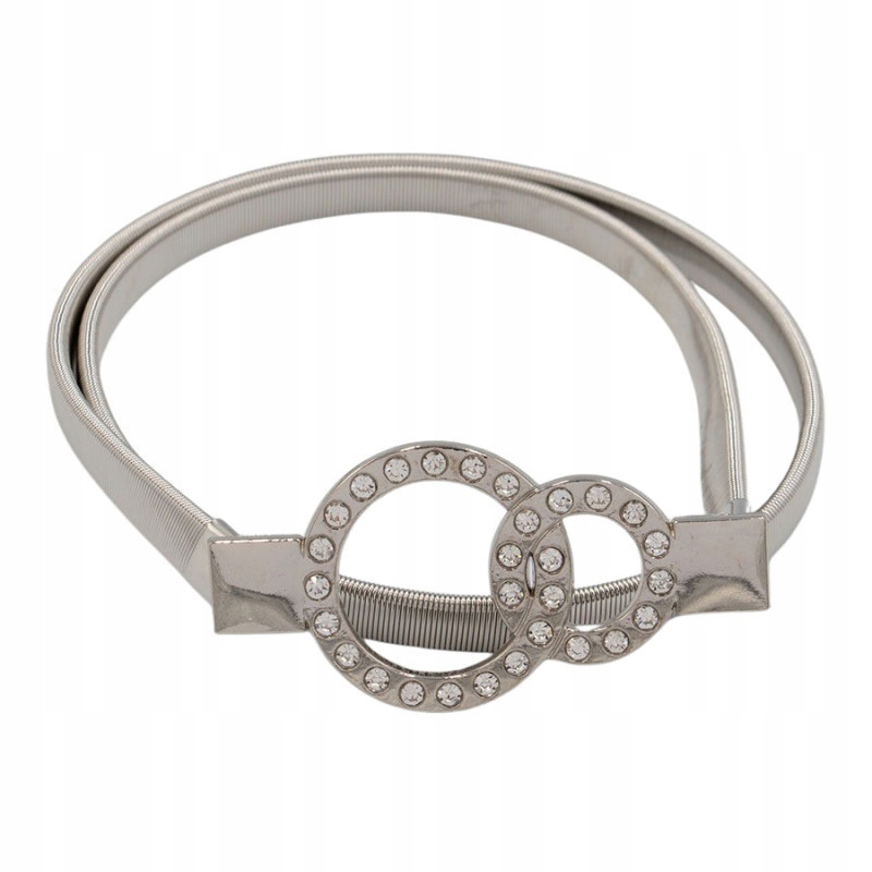Pasek damski sprężynka srebrny 2 kółka większe i mniejsze z cyrkoniami