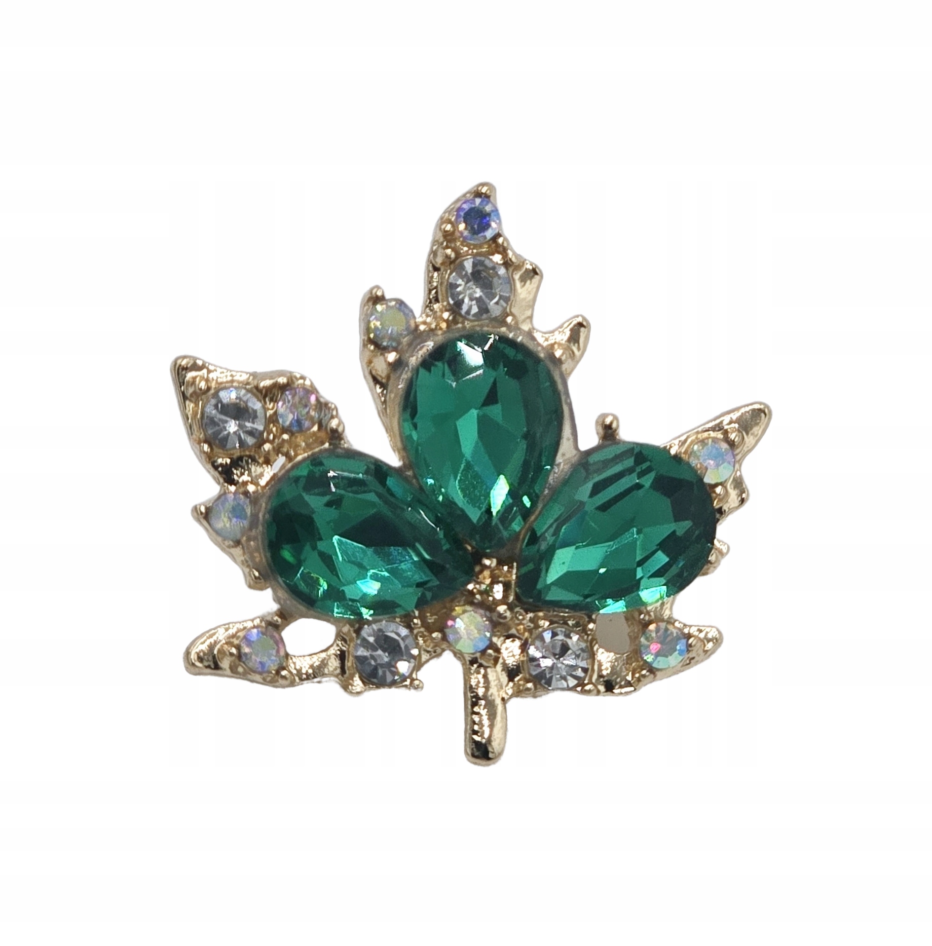 Pięknie lśniąca broszka liść klonu z białymi i zielonymi kryształkami 2,5cm