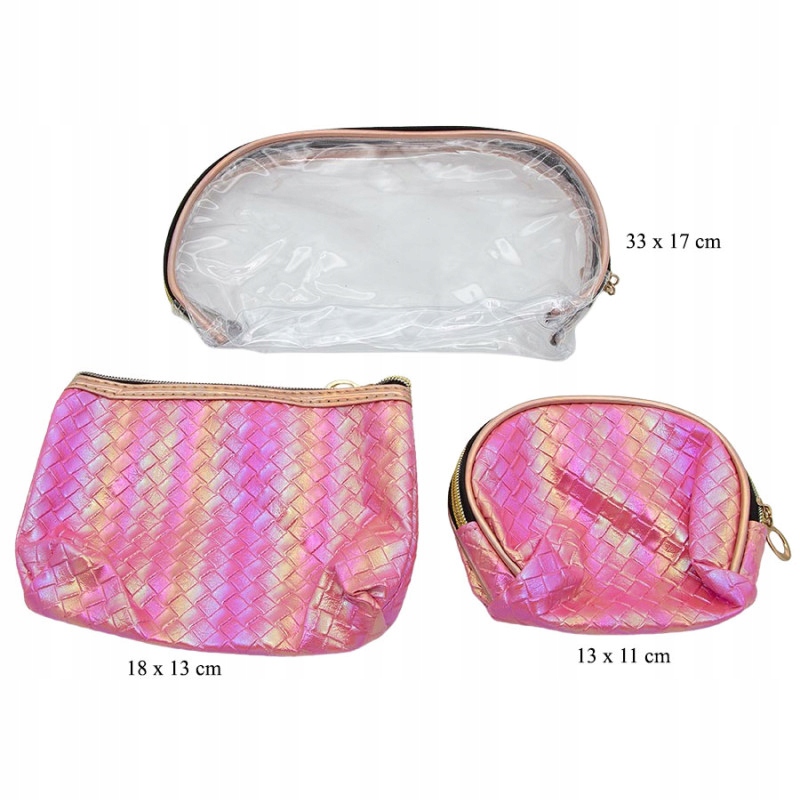 Zestaw 3 kosmetyczek efekt syrenki różowy przezroczysty