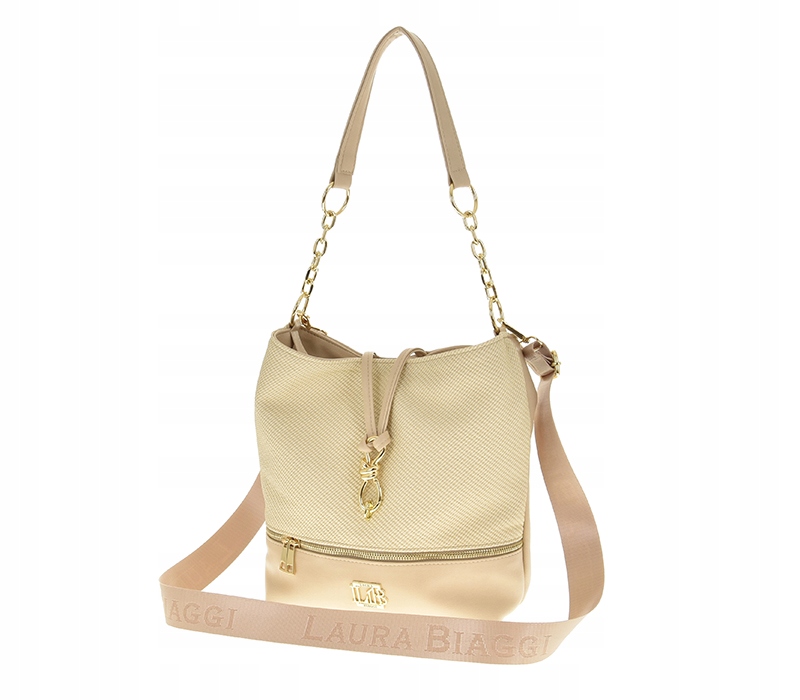 Laura Biaggi torebka worek karabińczyk kokarda beżowy struktura płótna A533
