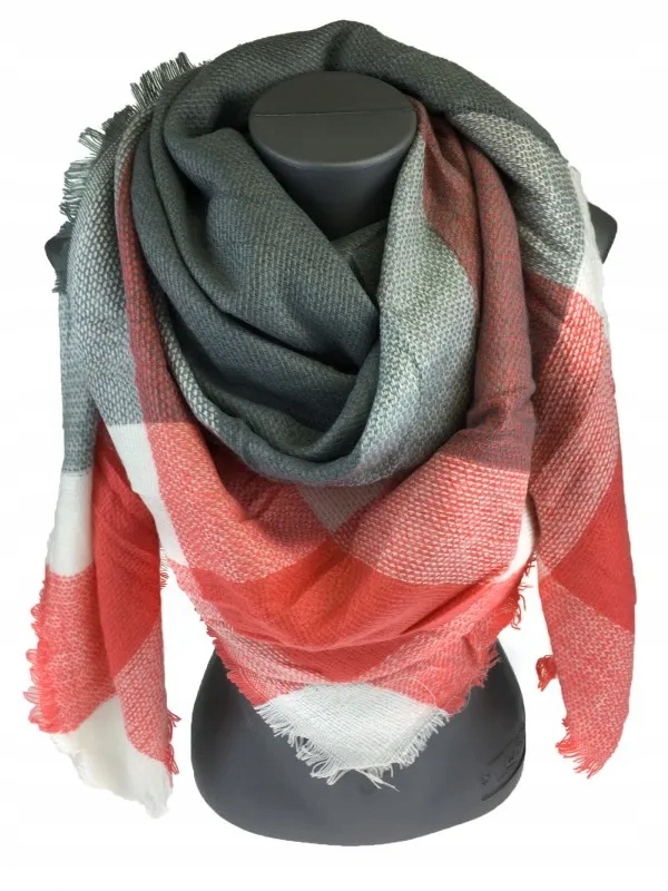 Jordan - miękka i ciepła chusta krata pomarańczowy szary biały 7# 140x140cm