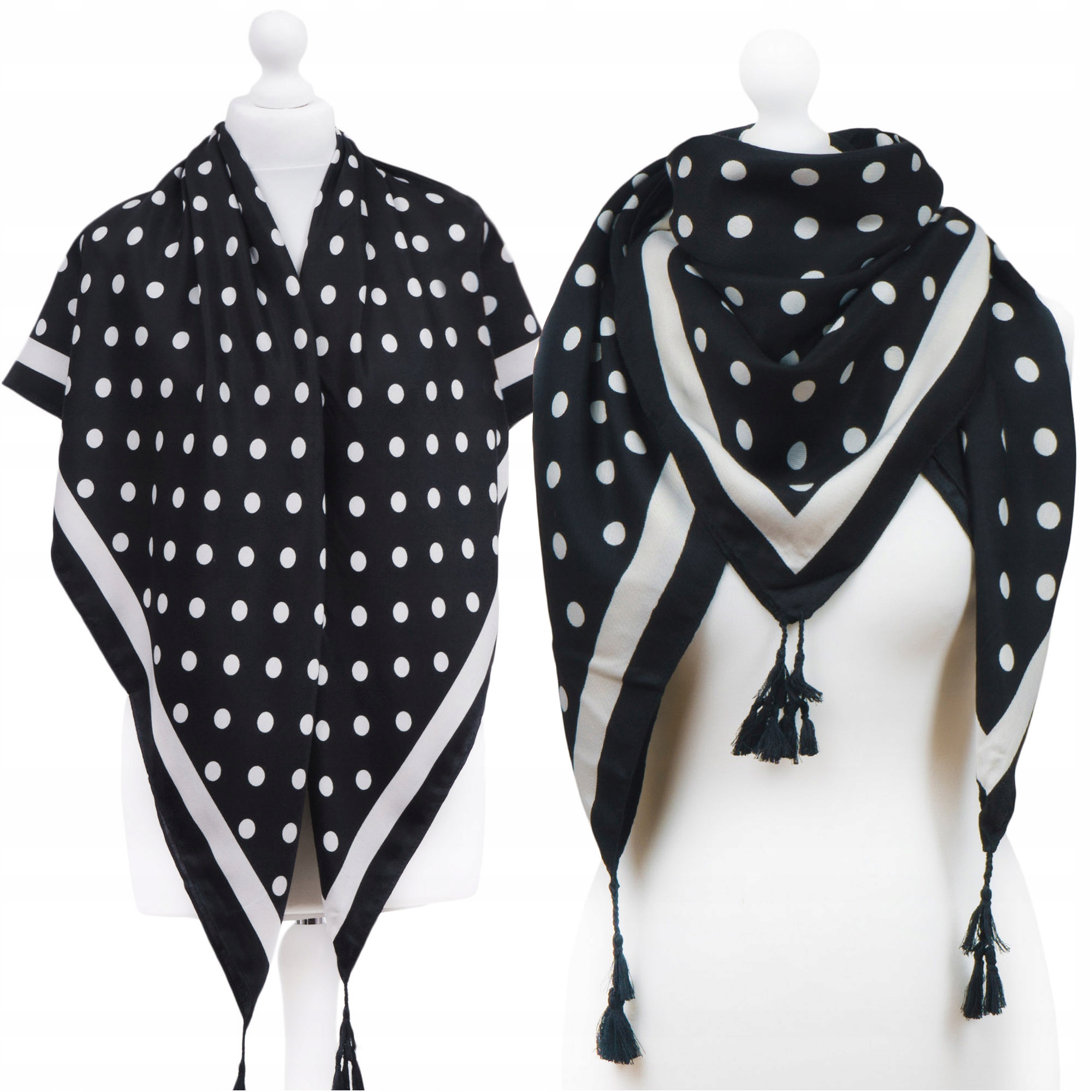 Piękna chustka z frędzlami w groszki czarna 20