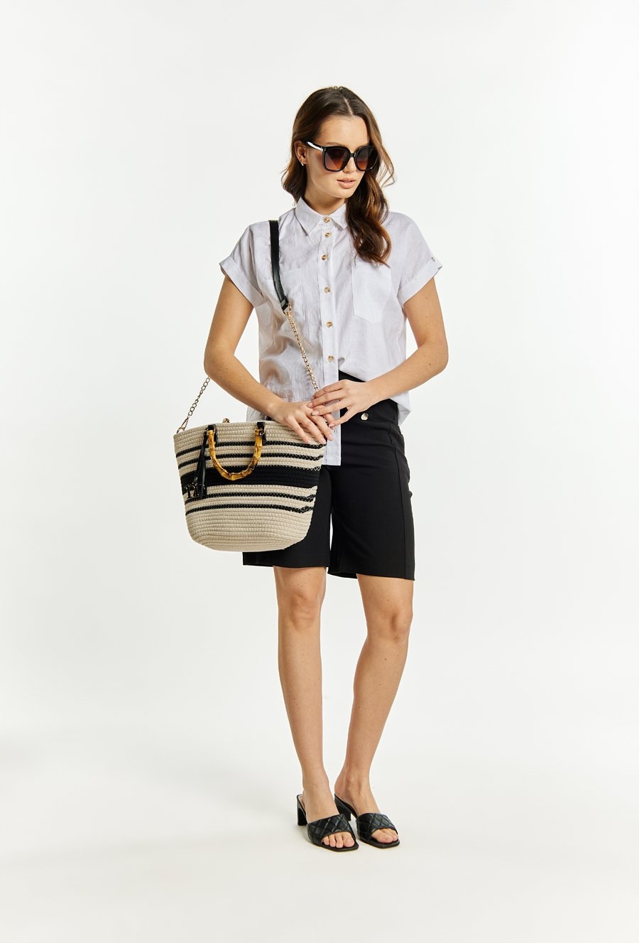 Monnari - duża torebka koszyk pleciony pasy BAG1140-020 czarny kremowy