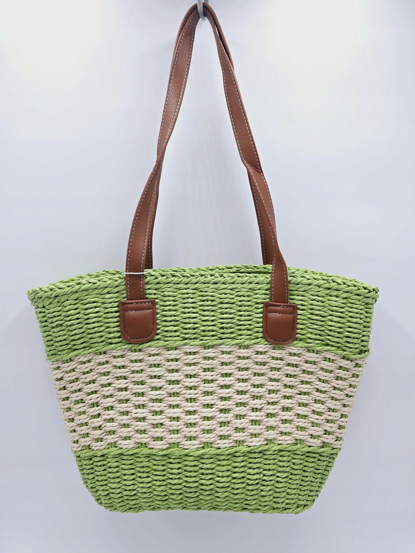 Maxfly - modna torebka koszyk pleciony zielono-beżowy L0102