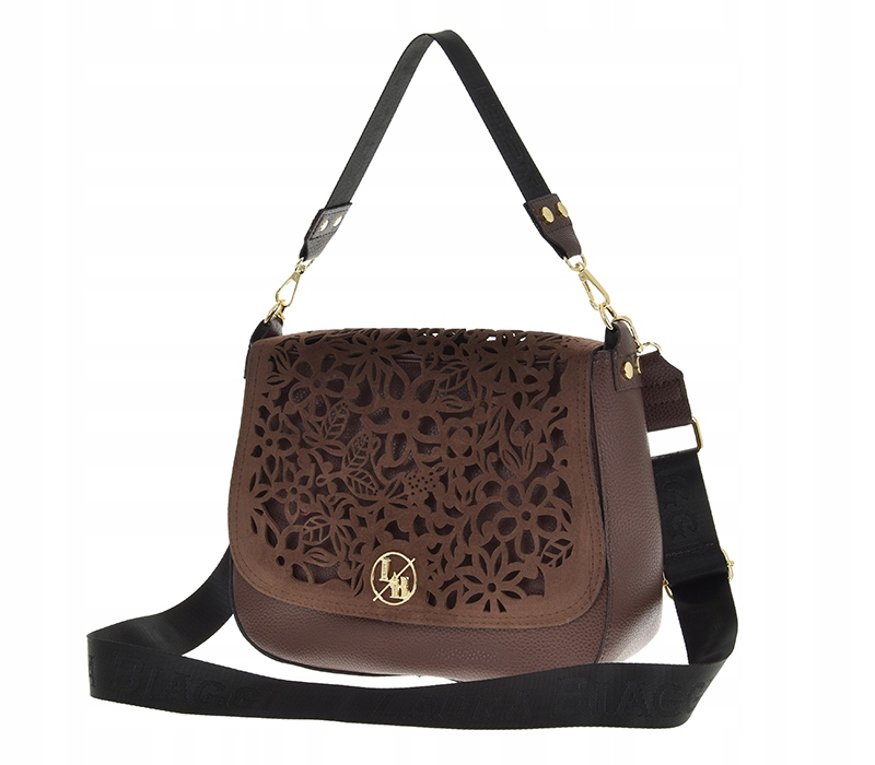 Laura Biaggi - torebka listonoszka brązowy mat + zamsz ażurowa klapka F259