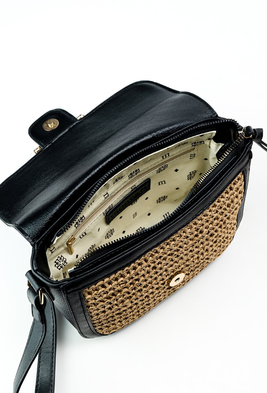 Monnari - torebka listonoszka koszyk pleciony panel beżowo-czarny BAG0410