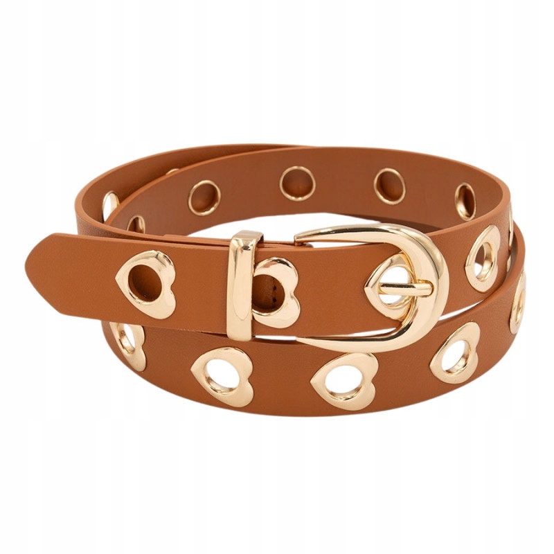 Pasek damski okucia w kształcie serduszka skóra ekologiczna 2,8cm brązowy