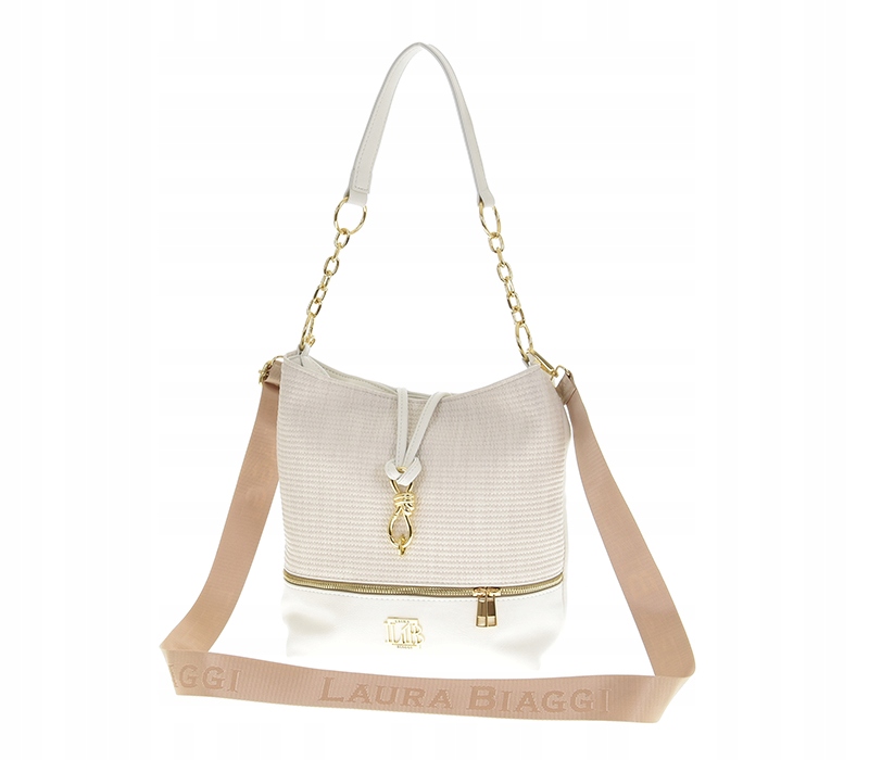 Laura Biaggi torebka worek karabińczyk kokarda biały struktura płótna A533