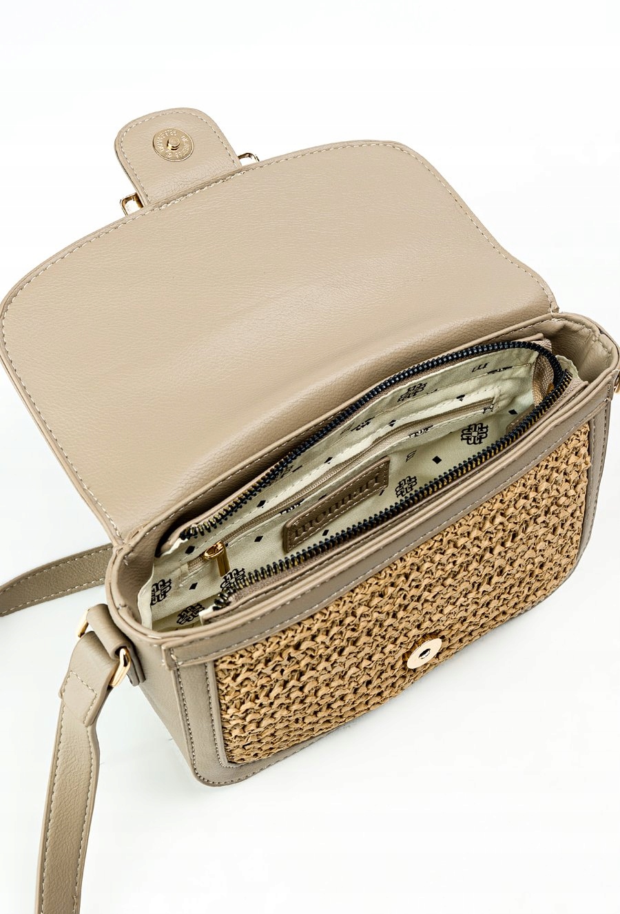 Monnari torebka listonoszka koszyk z plecionym panelem beżowo-szary BAG0410