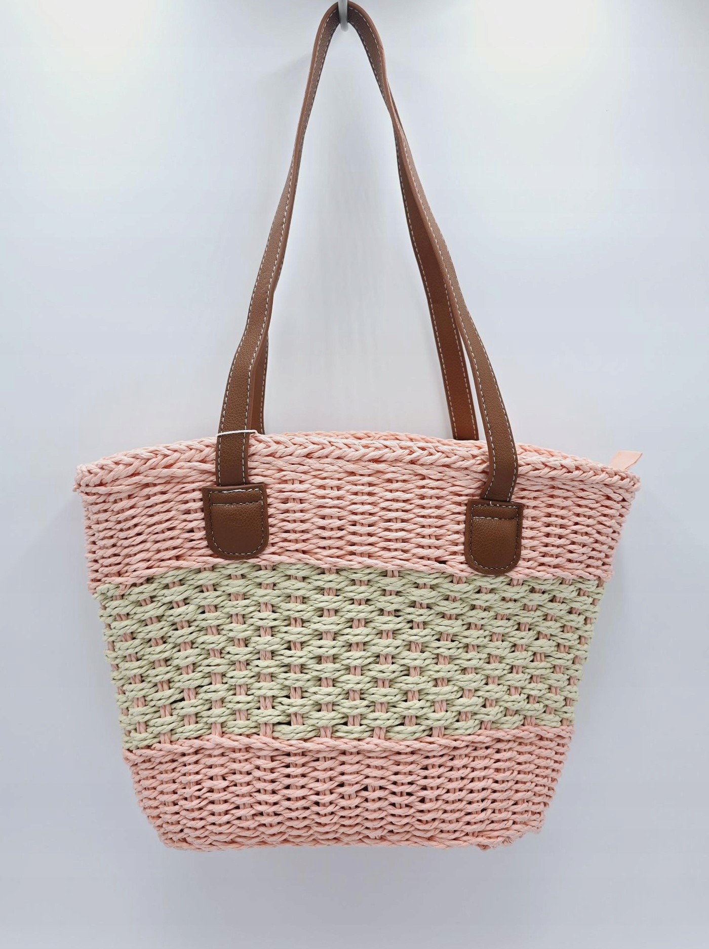 Maxfly - modna torebka koszyk pleciony różowo-beżowy L0102