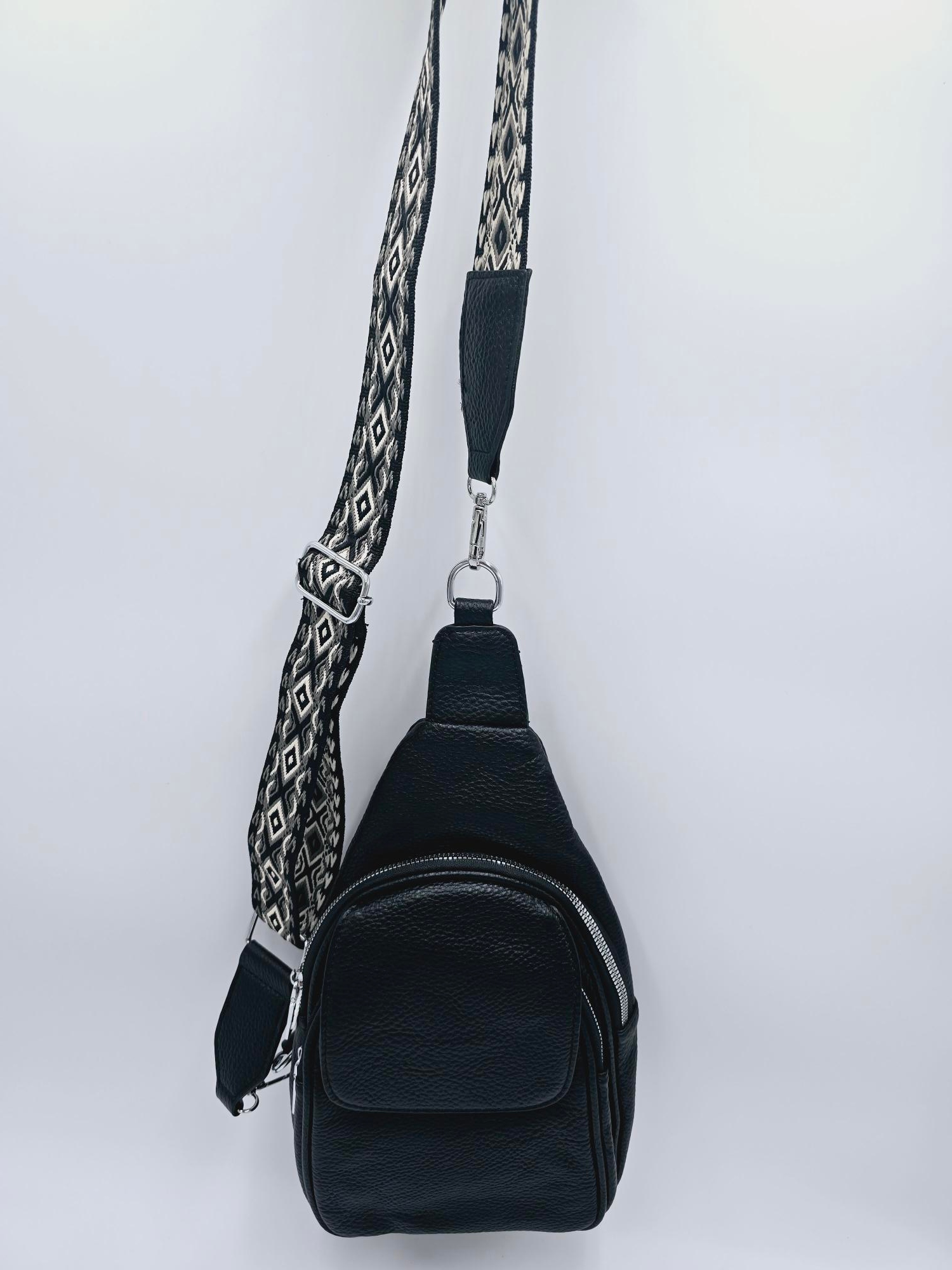 Sara Moda - torebka plecak skóra ekologiczna pasek BOHO czarny groszek 1969