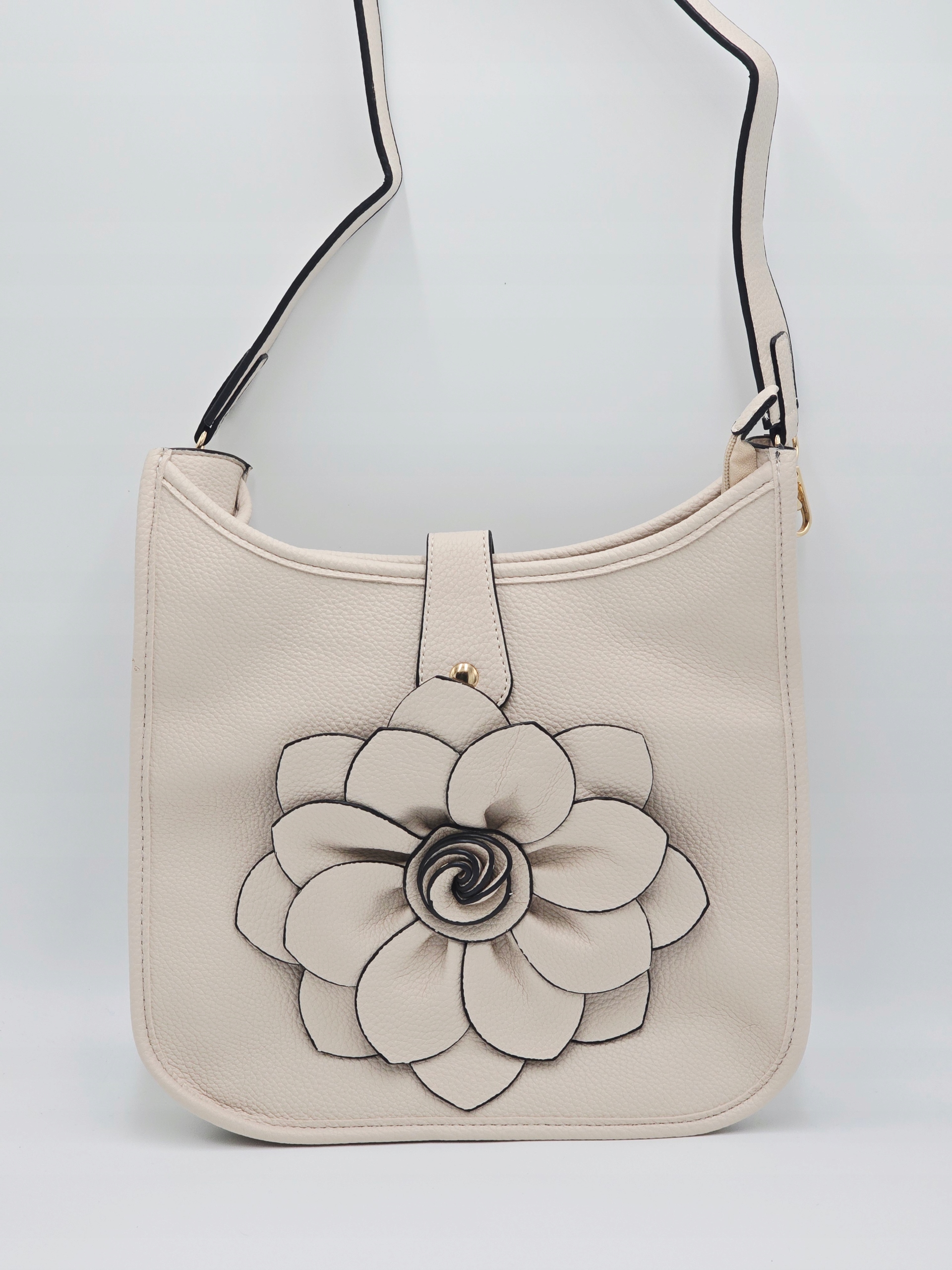 Maxfly - torebka listonoszka skóra ekologiczna kwiat 3D beżowy H503