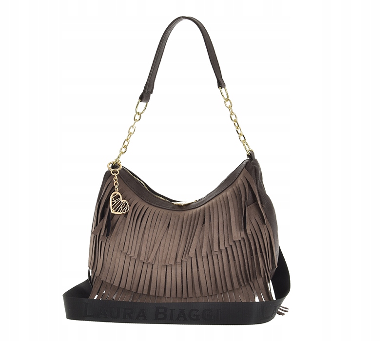 Laura Biaggi - torebka listonoszka podkowa zamsz frędzle brązowy taupe A590