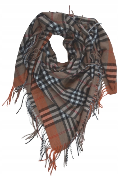 Miękka i ciepła chusta z frędzlami krata HIT SEZONU brązowo-pomarańczowa 02