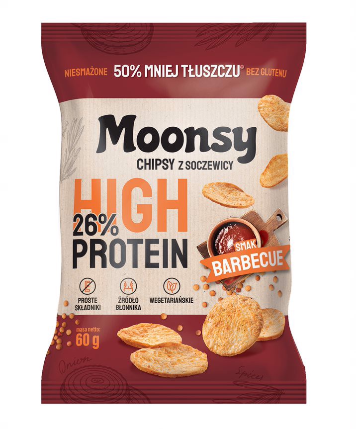 Moonsy Chipsy z soczewicy o smaku Barbecue & Cheddar 60 g x 2 sztuki