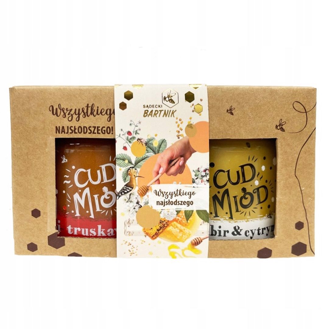 Bartnik Cud miod Mix 2 smaków truskawka-imbir + pudełko ozdobne
