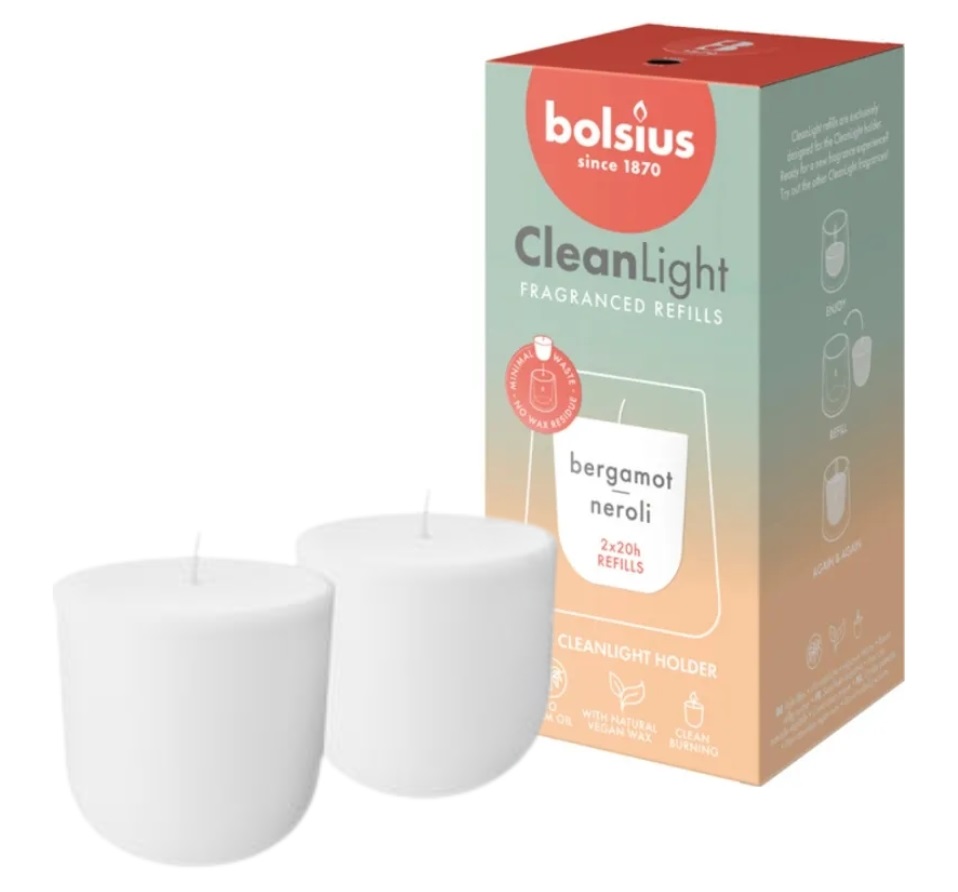 Świece zapach. do świecznika BOLSIUS CleanLight ~20h Bergamot & Neroli 2szt